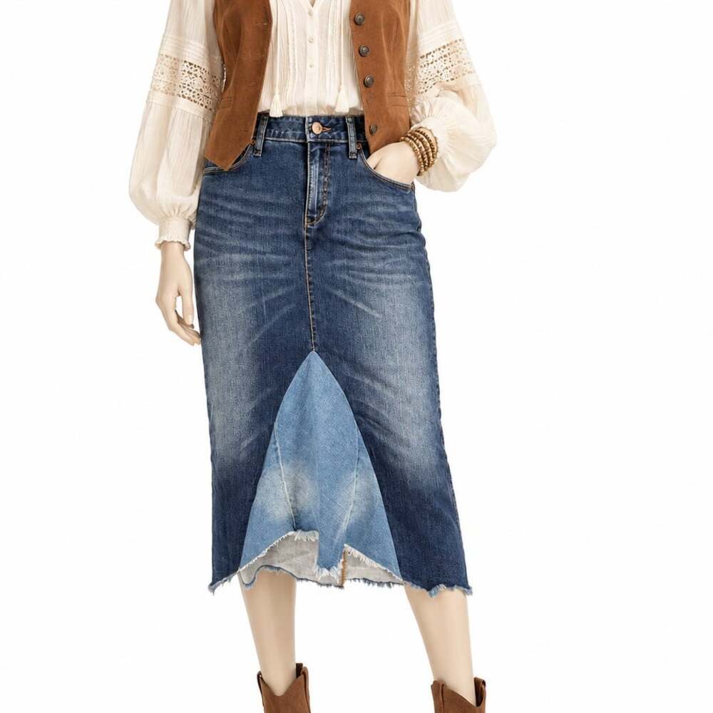 Denim Maxi Skirt Two Tone Patchwork Boho Western Soho NYC Womens Size 10 NWT